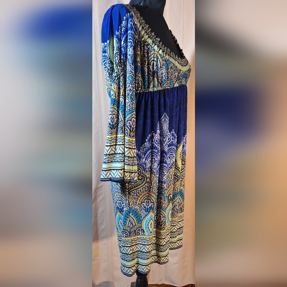 MUSE for BOSTON PROPER Blue and Yellow Patterned Bohemian Style Dress - Picture 2 of 7